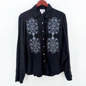 Vintage Pink Cadillac Black Embroidered Western Shirt - Filigree Boho Top - LG